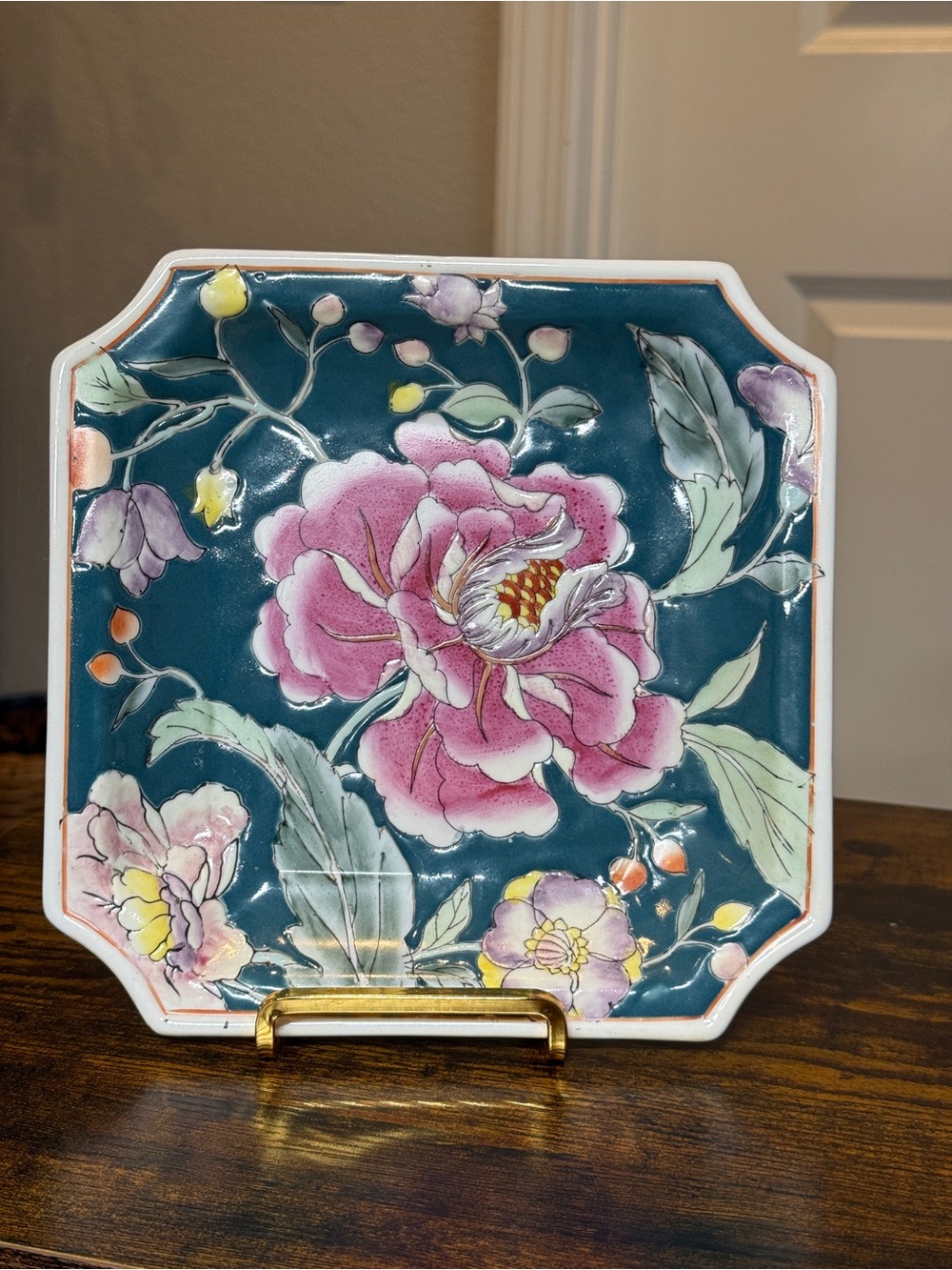 Vintage Asian Floral Decorative Porcelain Plate – Teal & Pink – Approx. 8”